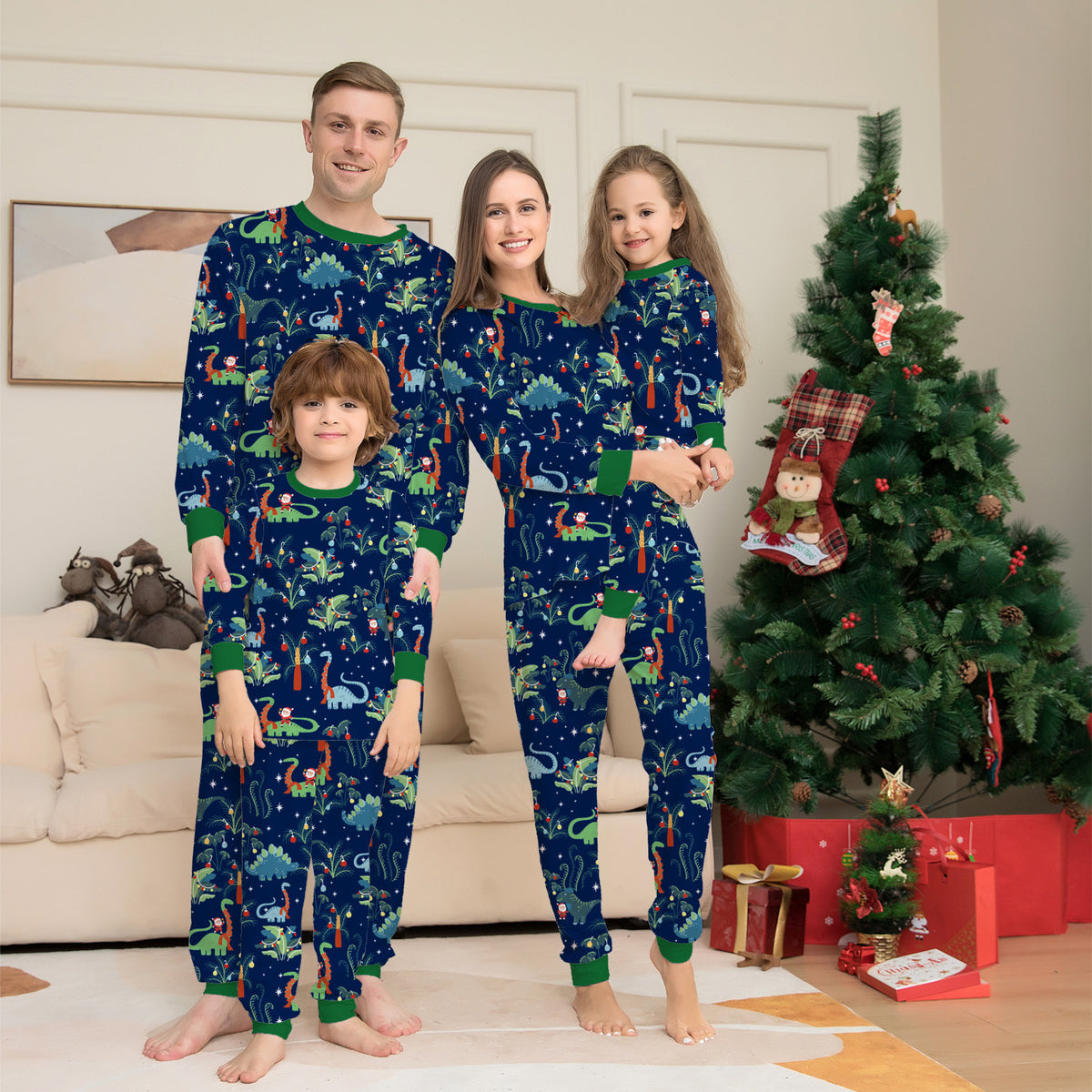 Cotton Printed Family Christmas Pajamas for Kids, Boys and Girls with Dog and Dinosaur Design