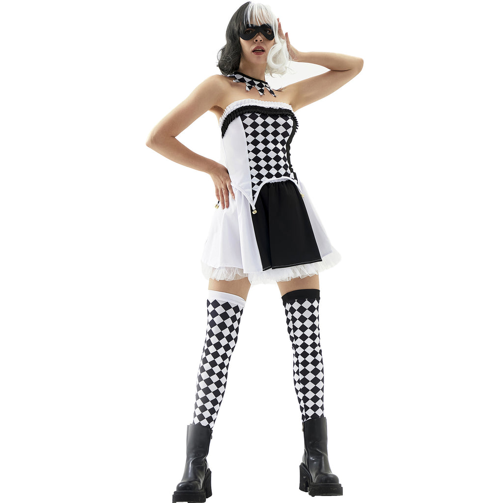 Black White Checkered Clown Costume for Women, front view on a white background