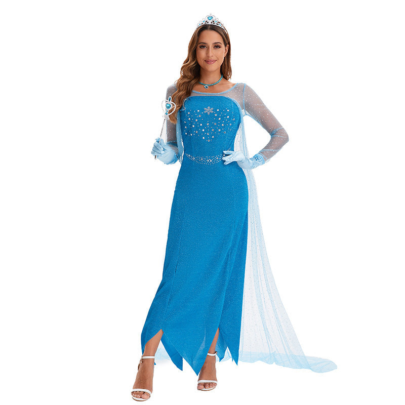 Frozen Elsa Costume Women Adult Blue Princess Dress Snow Queen Halloween Cosplay