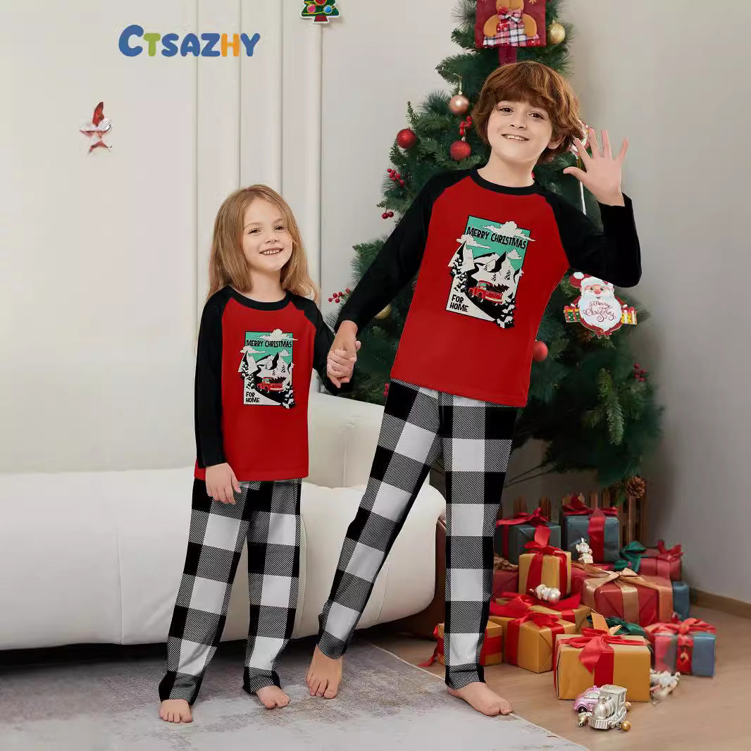 Christmas Tree Car Plaid Print Family Matching Pajamas Home Wear