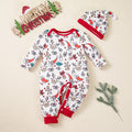Christmas Children's Long Sleeve Baby Onesie with Hat Set, Full Print Christmas Elements Baby Romper, Holiday Outfit