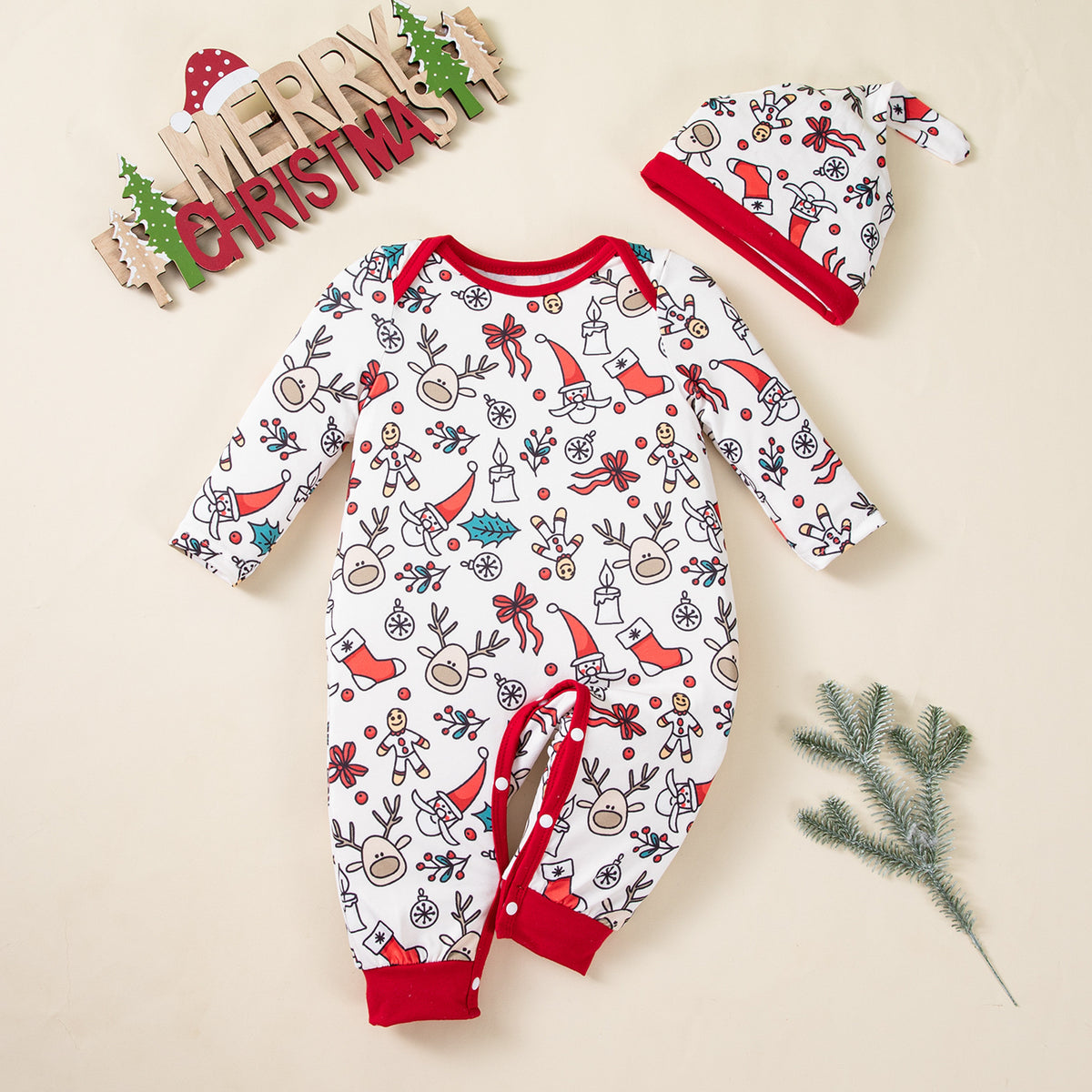 Christmas Children's Long Sleeve Baby Onesie with Hat Set, Full Print Christmas Elements Baby Romper, Holiday Outfit