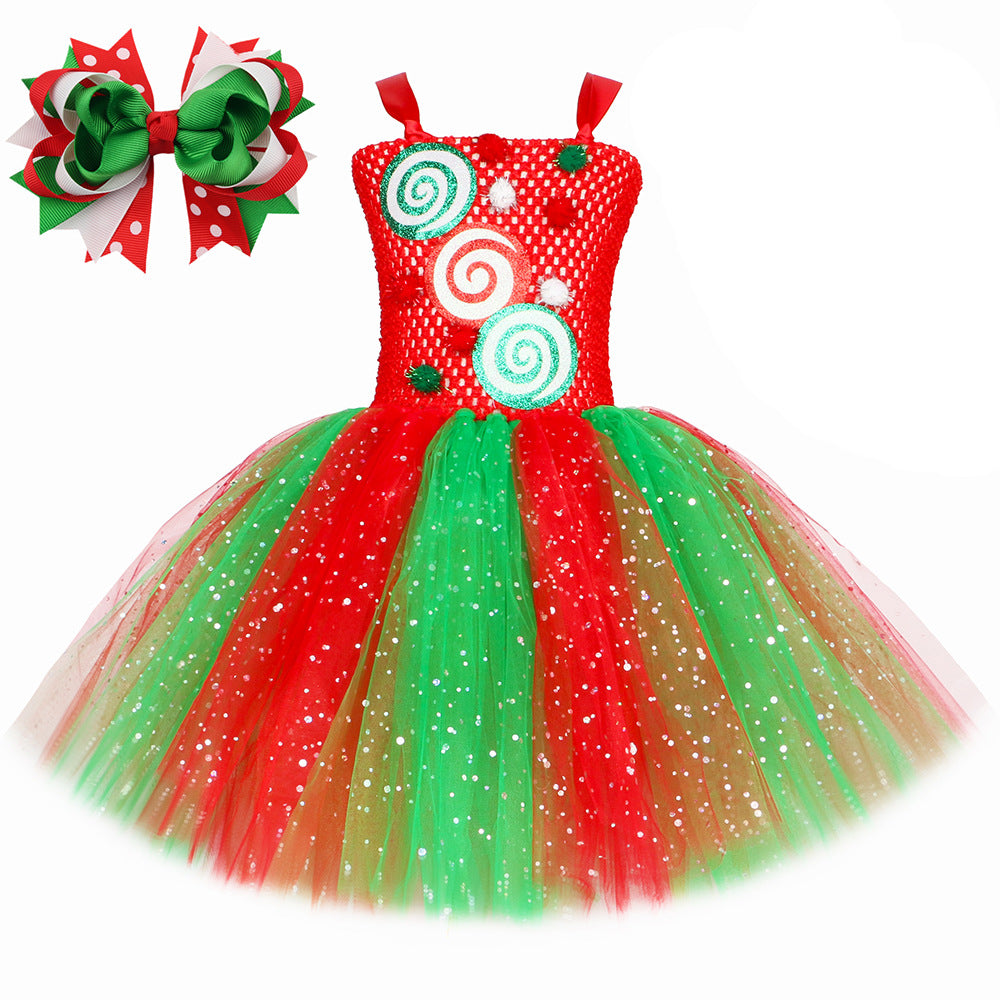 Christmas Elf Costume Girls Kids Red Green Candy Tulle Dress Holiday