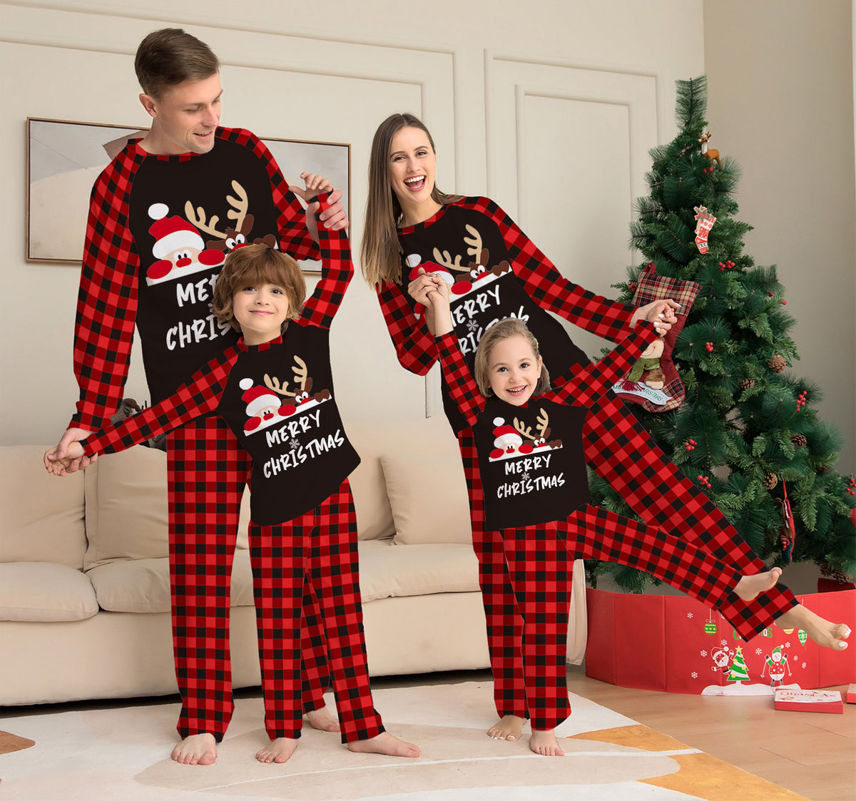 Letter Checkered Christmas Family Matching Printed Loungewear Pajamas