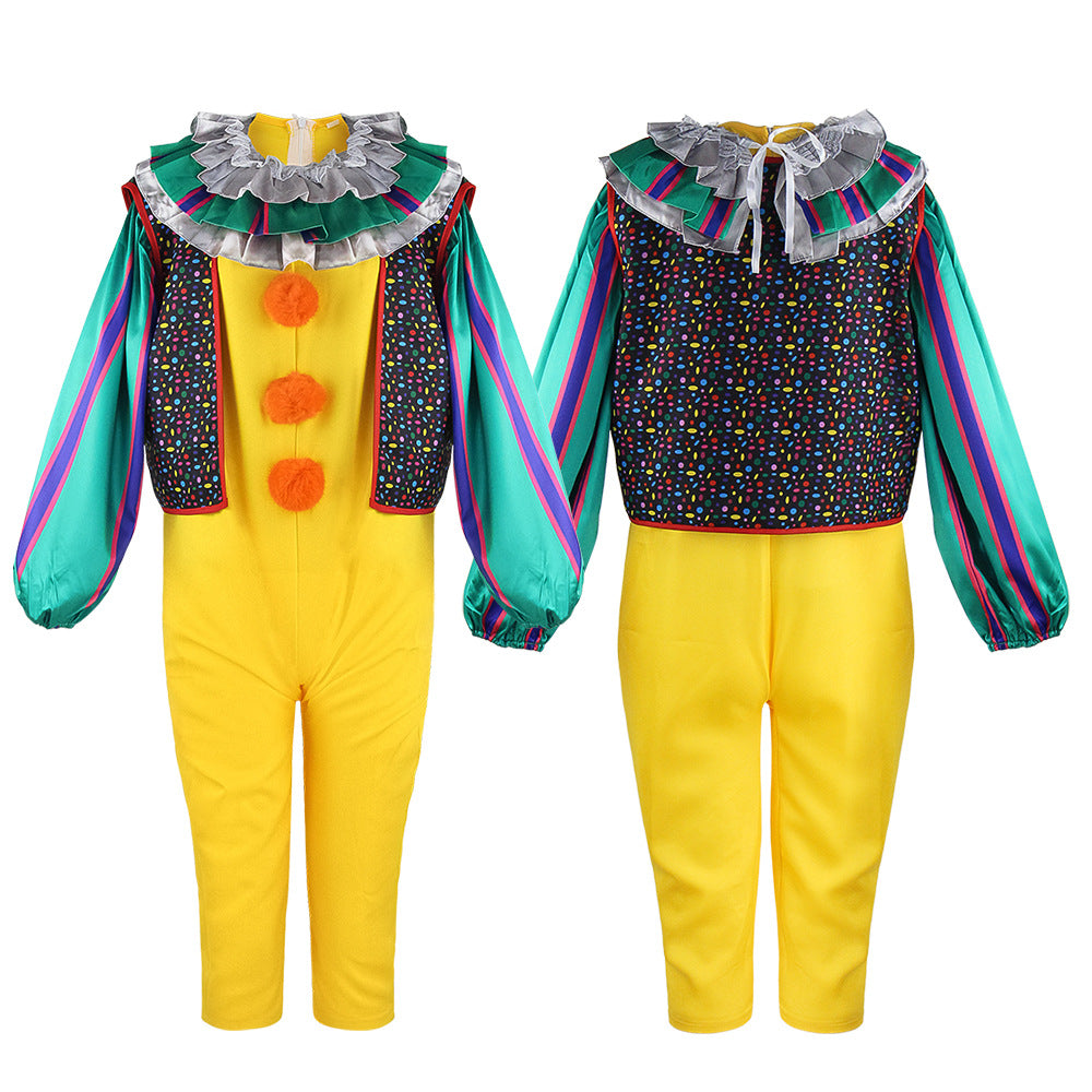 Golden Horror Clown Costume for Adults, front view on a white background
