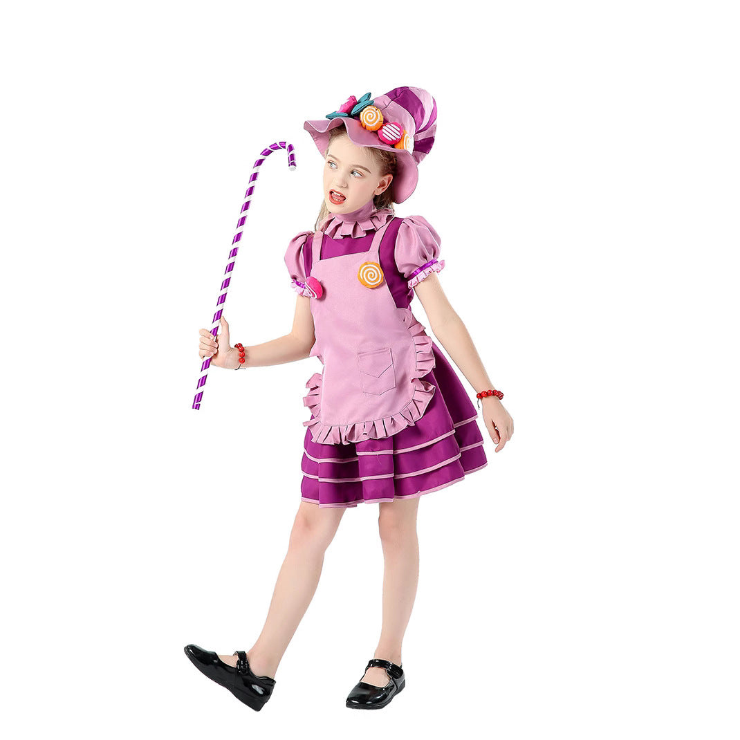 Candy Witch Costume Kids Purple Cake Dress Halloween Cosplay