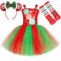 Christmas Elf Costume Girls Kids Red Green Candy Tulle Dress Holiday