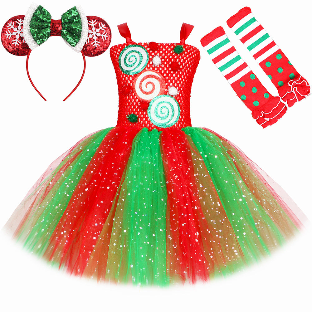 Christmas Elf Costume Girls Kids Red Green Candy Tulle Dress Holiday