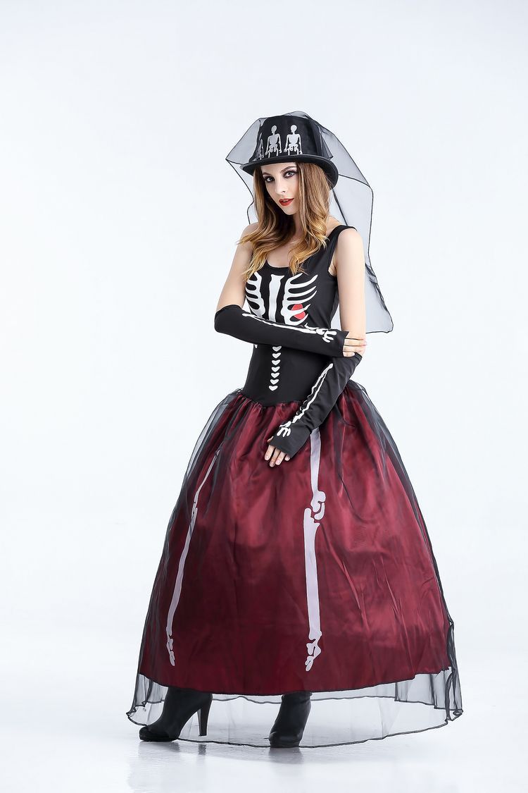 Skeleton Mummy Zombie Bride Costume for Women, front view on a white background