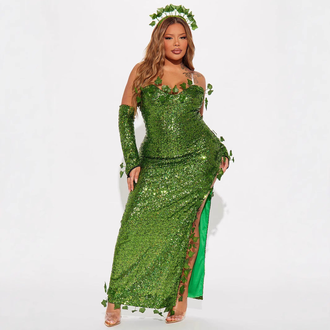 Leaf Sequin Dance Costume Women Dress Halloween Cosplay Green – photo 5