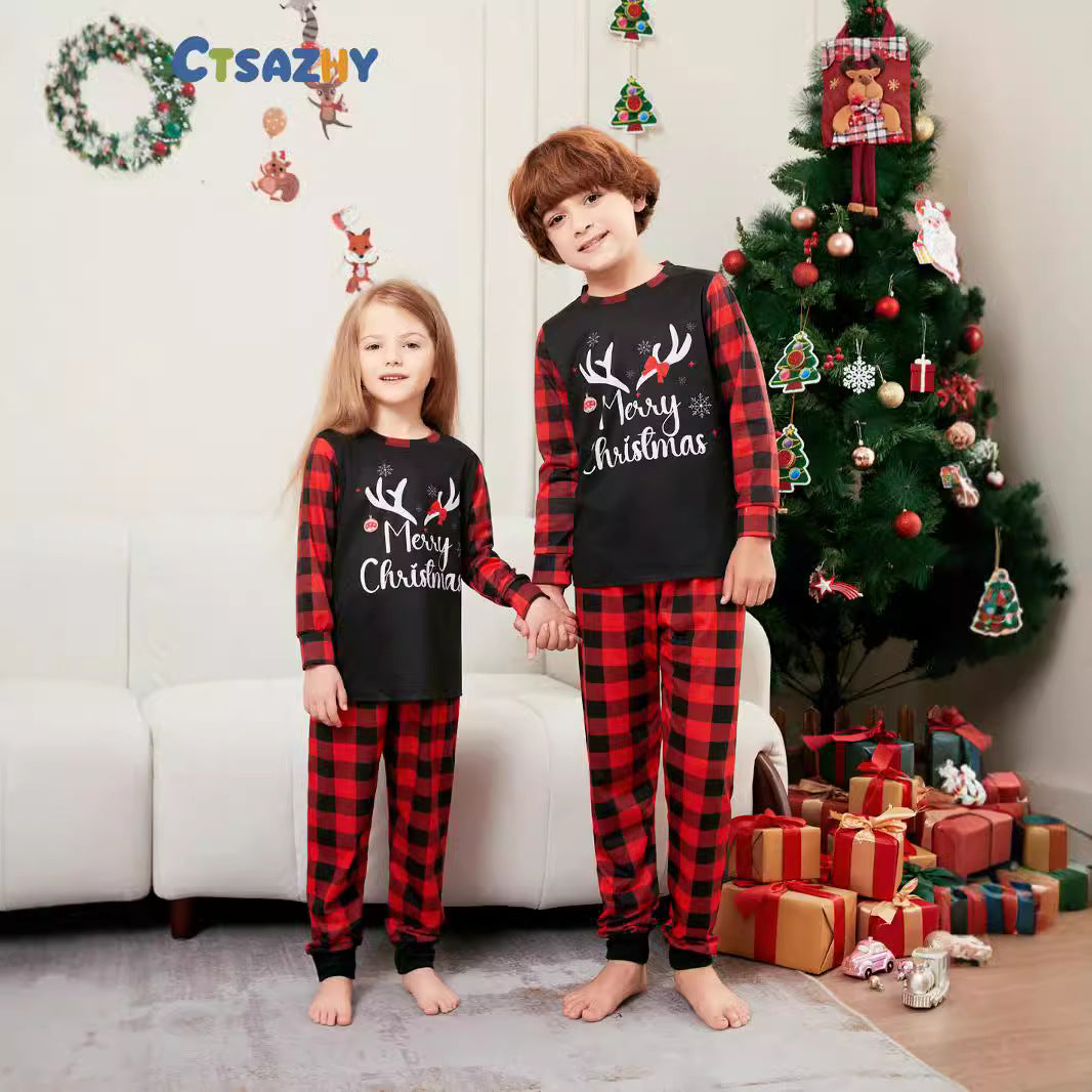 Christmas Letter Snowflake Plaid Printed Home Wear Pajamas