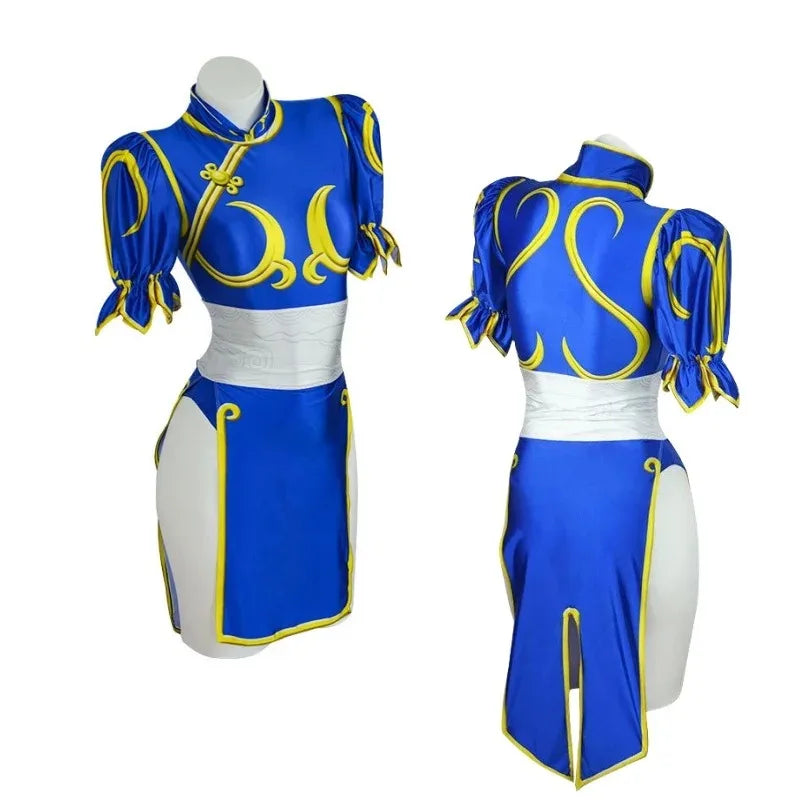 Chun-Li Cosplay Costume Women Blue Cheongsam Dress Street Fighter Halloween