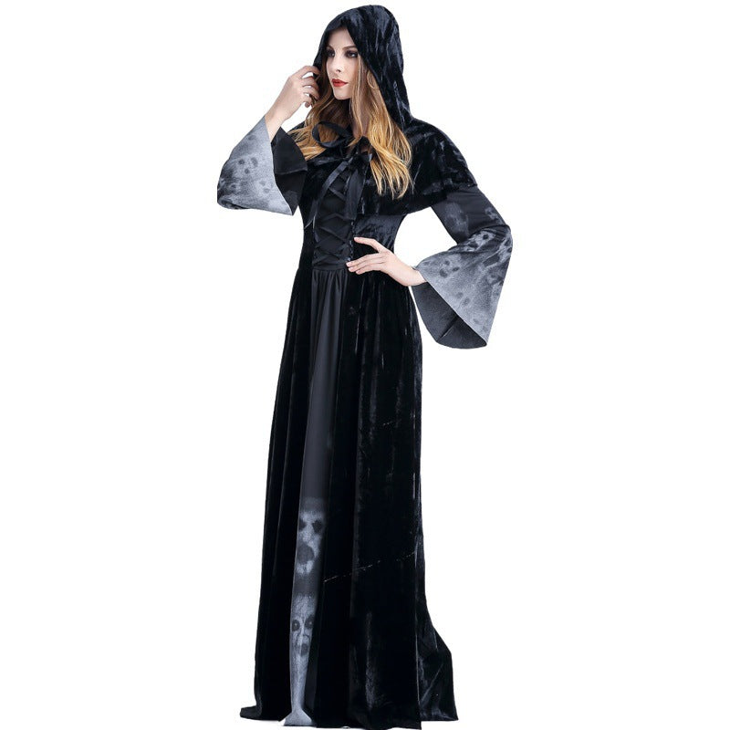 Grim Reaper Skull Vampire Costume for Women, product photo 3 on a white background