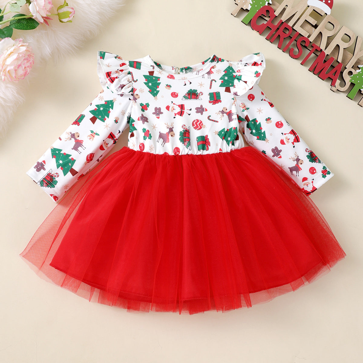 Christmas Printed Tulle Long Sleeve Dress for Girls, Holiday Party Dress with Tree Pattern