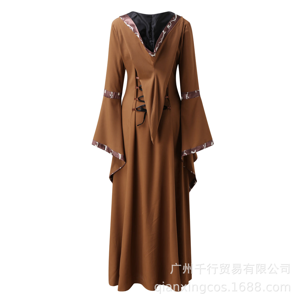 Witch Vampire Hooded Medieval Dress for Women, front view on a white background