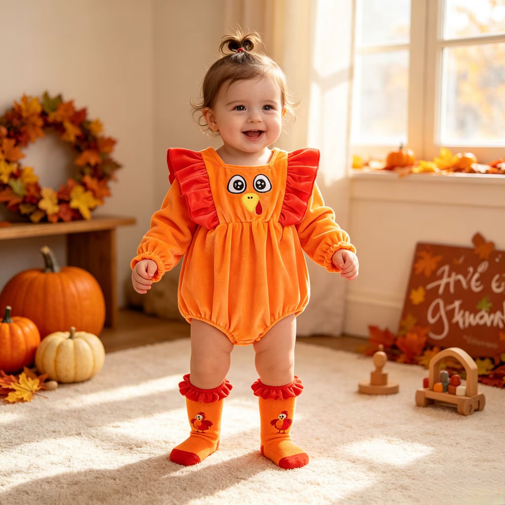 Thanksgiving Turkey Baby Romper Autumn Winter Velvet Long Sleeve Onesie for