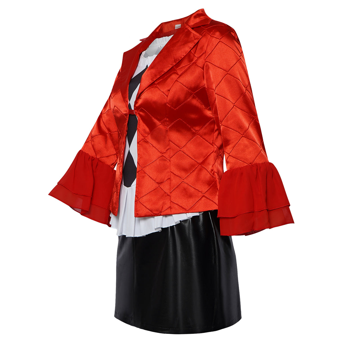 Red Villain Clown Costume for Women, front view on a white background