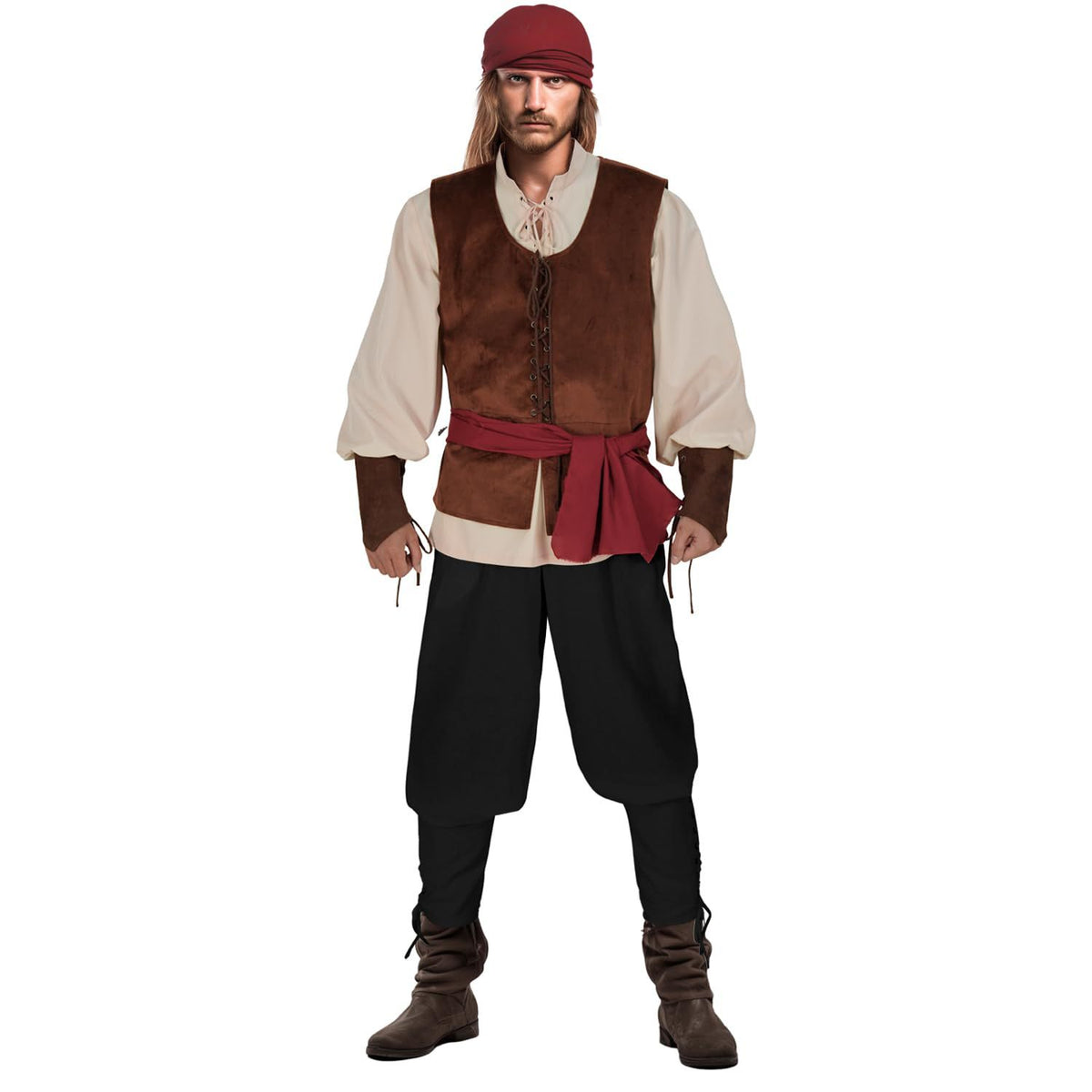 Caribbean Pirate Costume for Adults, front view on a white background