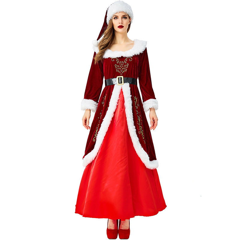 Christmas Queen Costume Wine Red Long Dress Parent Child Matching Holiday