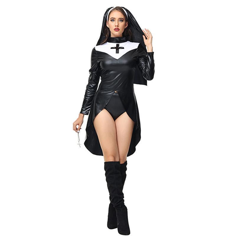 Cross Nun Nurse Patent Leather Costume for Women, front view on a white background