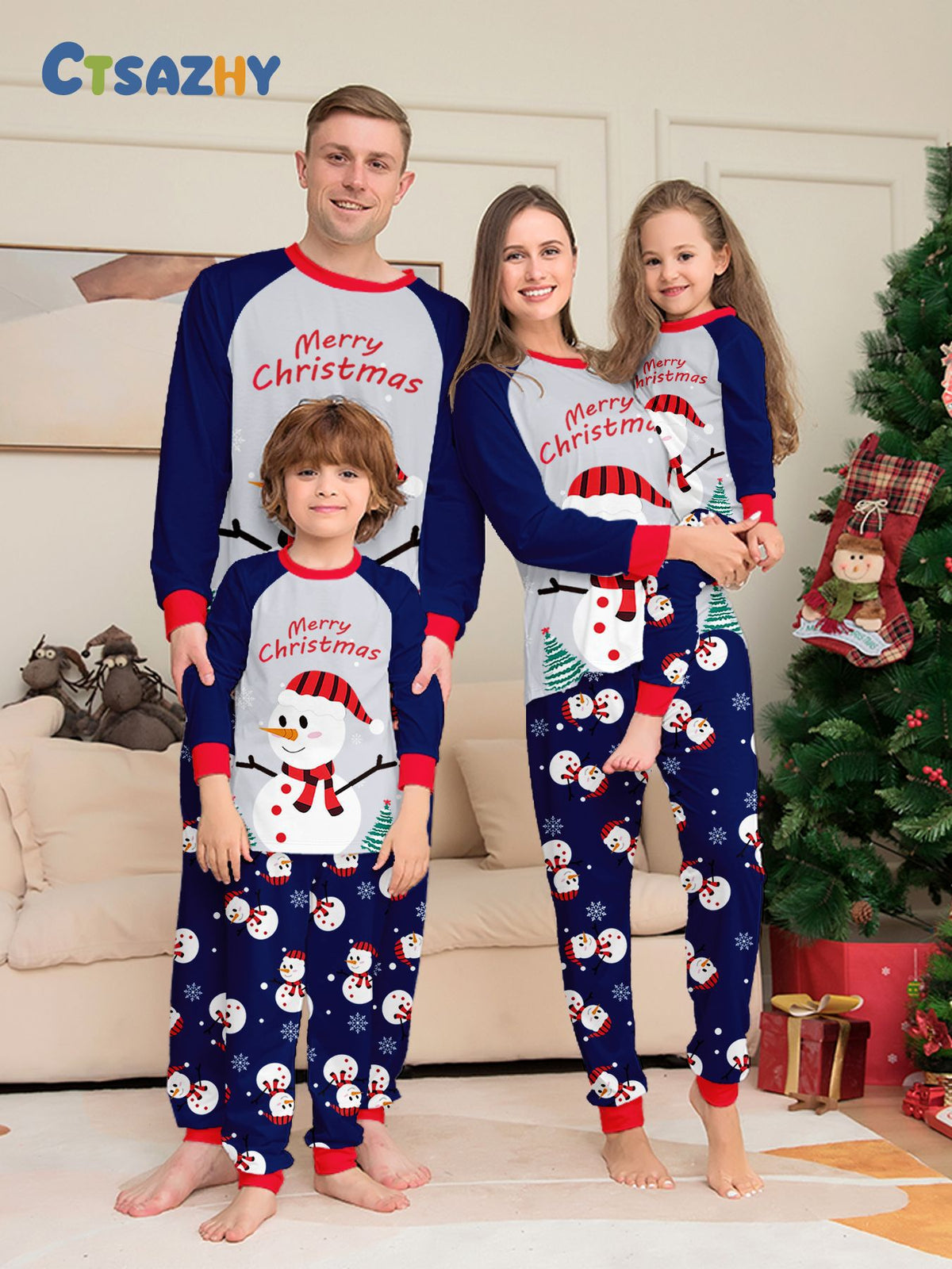 Christmas Family Matching Pajamas with Snowman, Snowflake, Letter Cartoon Print Home Wear Sleepwear