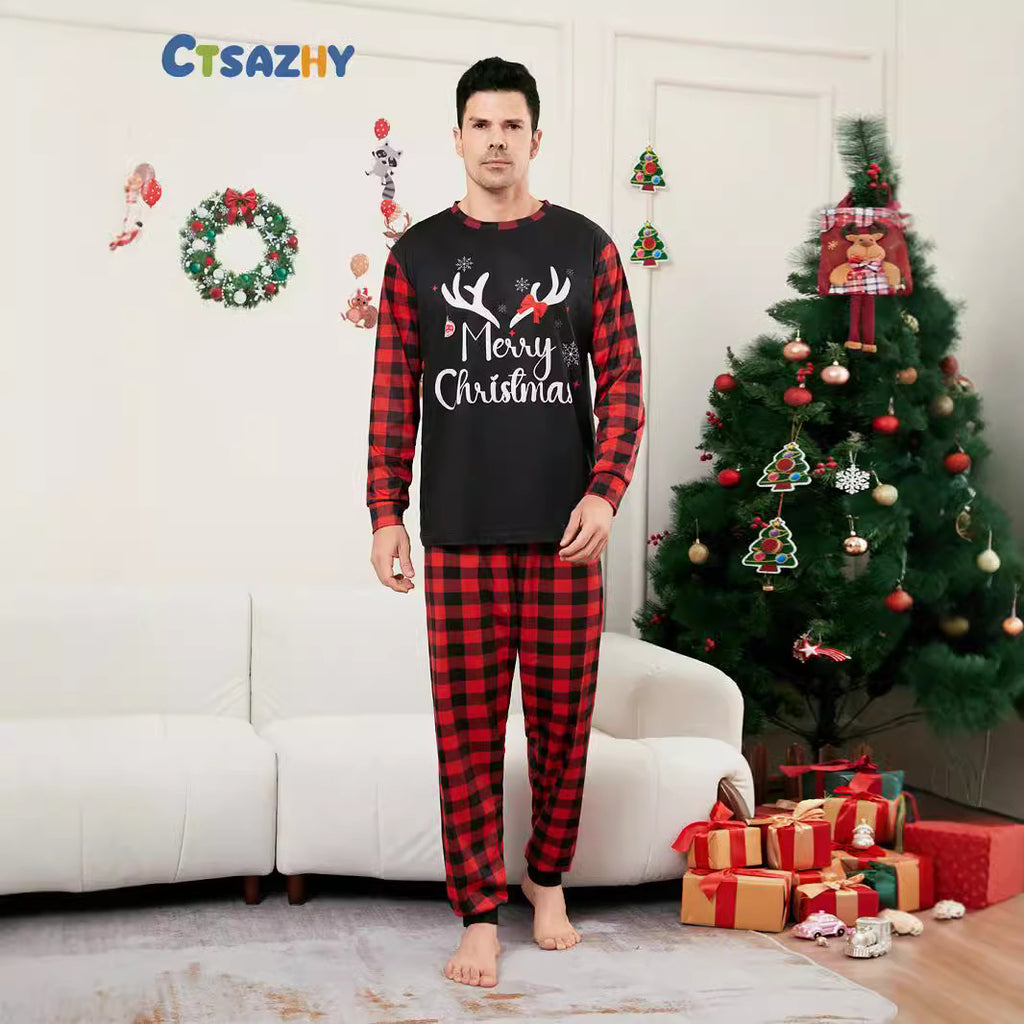 Christmas Letter Snowflake Plaid Printed Home Wear Pajamas