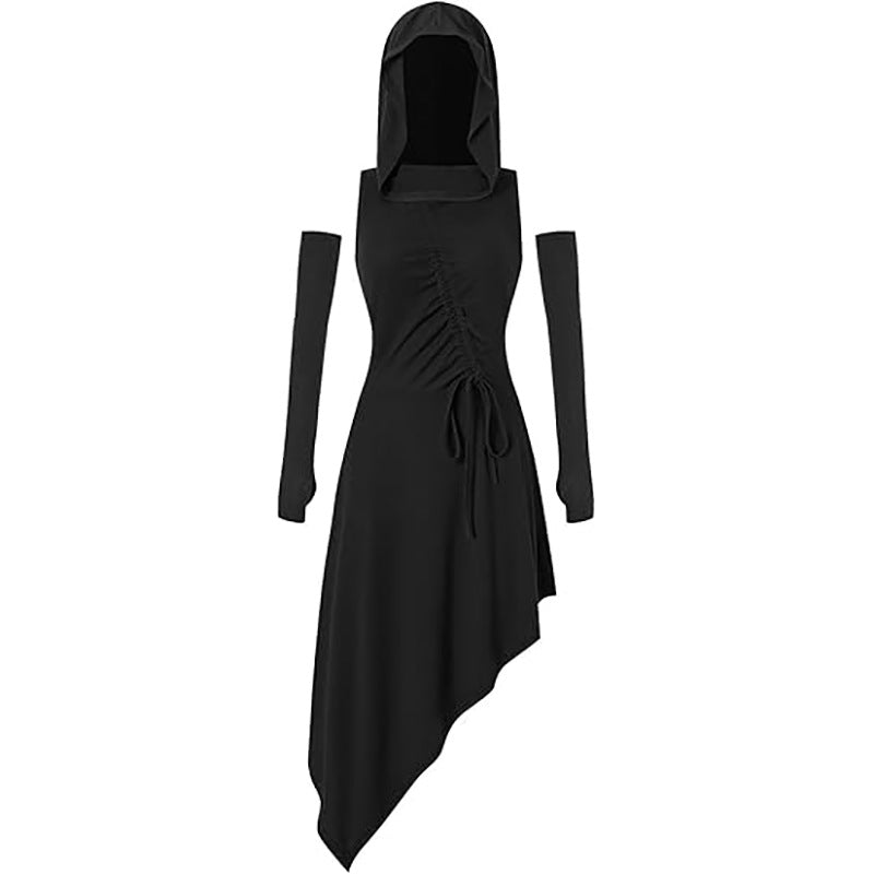 Medieval Hooded Gothic Steampunk Dress for Women, front view on a white background