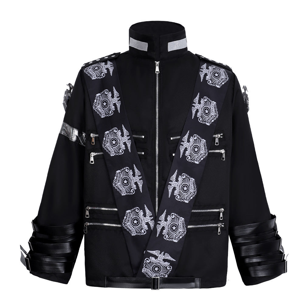 Jackson MJ Style Black Sash Jacket Costume for Adults, front view on a white background