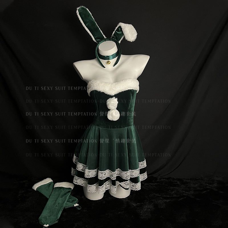 Christmas Bunny Costume Women Adult Velvet Dress Holiday Stage Outfit