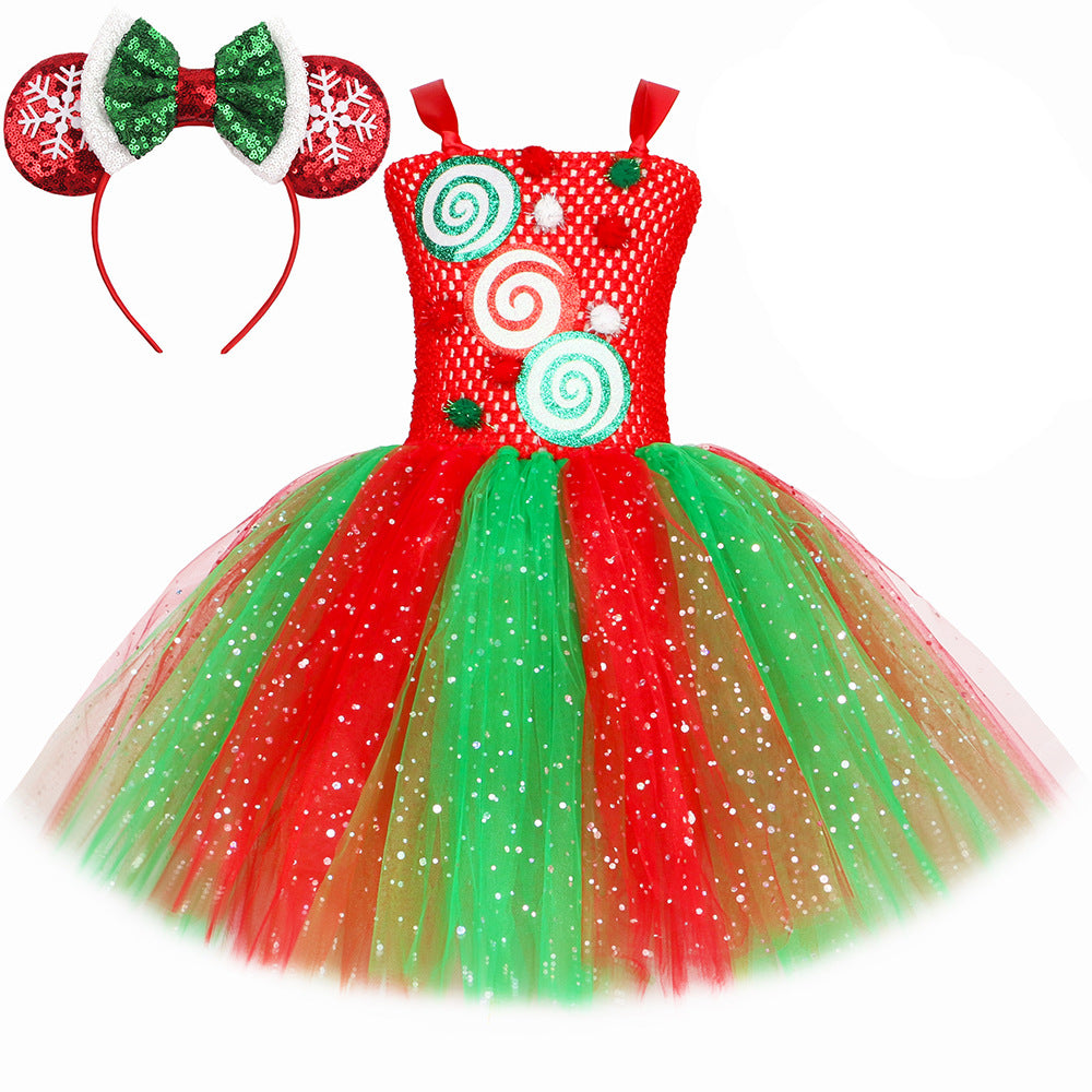 Christmas Elf Costume Girls Kids Red Green Candy Tulle Dress Holiday