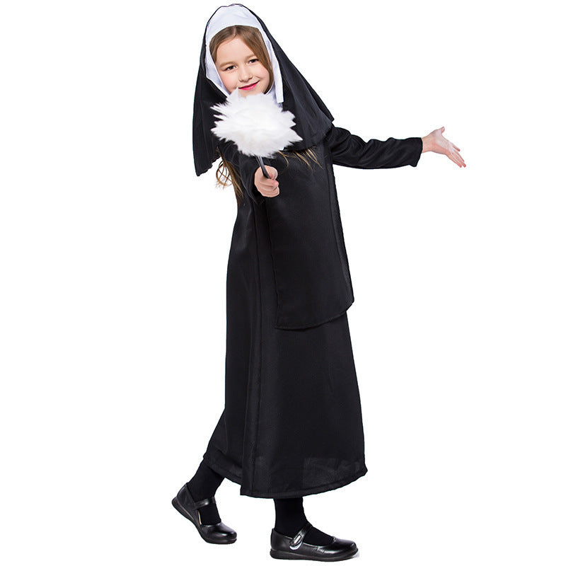 Black Nun Costume for Girls, front view on a white background