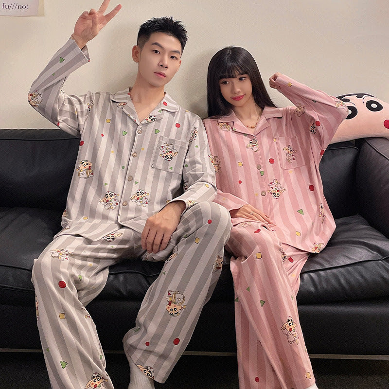 Two piece set of couple pajamas, lapel collar, couple home clothes