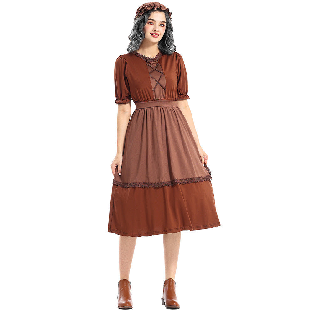 Colonial Pioneer Costume Deep Brown WolfCosplay Granny Maid Outfit with Lace