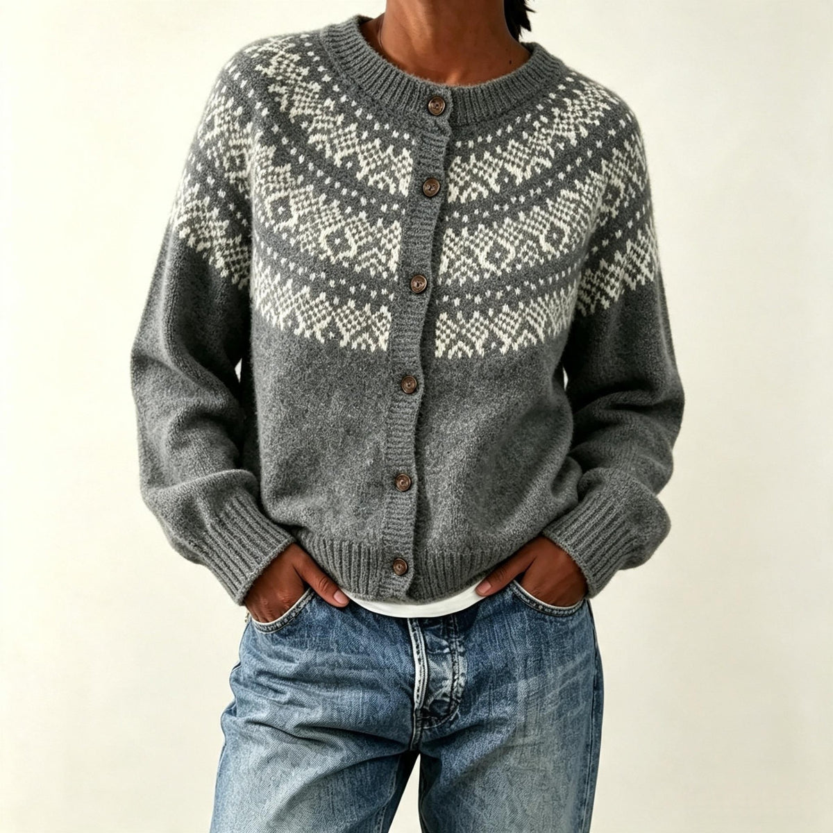 Round neck button Christmas sweater