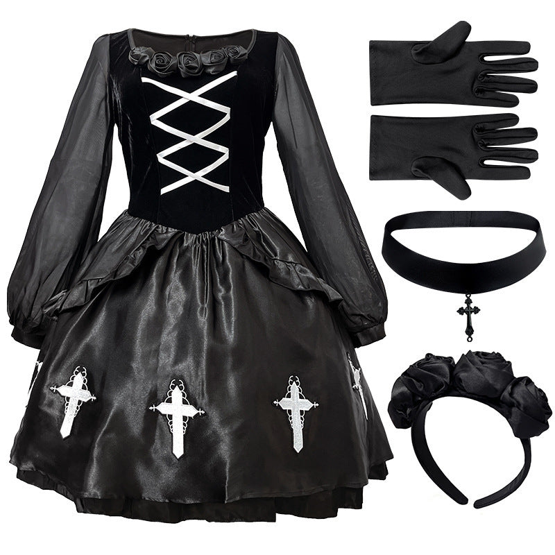 Gothic Ghost Bride Costume Women Black Witch Vampire Halloween Cosplay