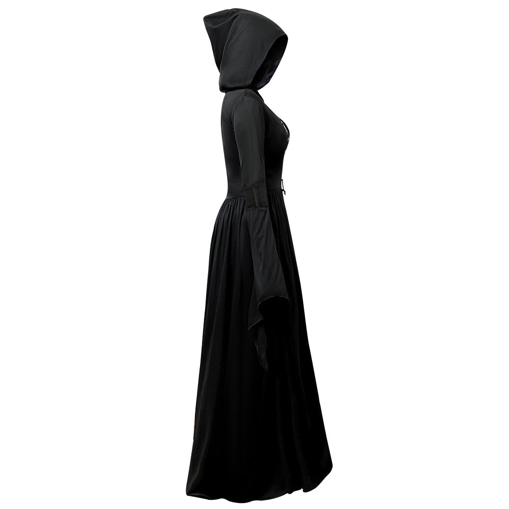 Hooded Skull Witch Wizard Dress for Women, product photo 2 on a white background