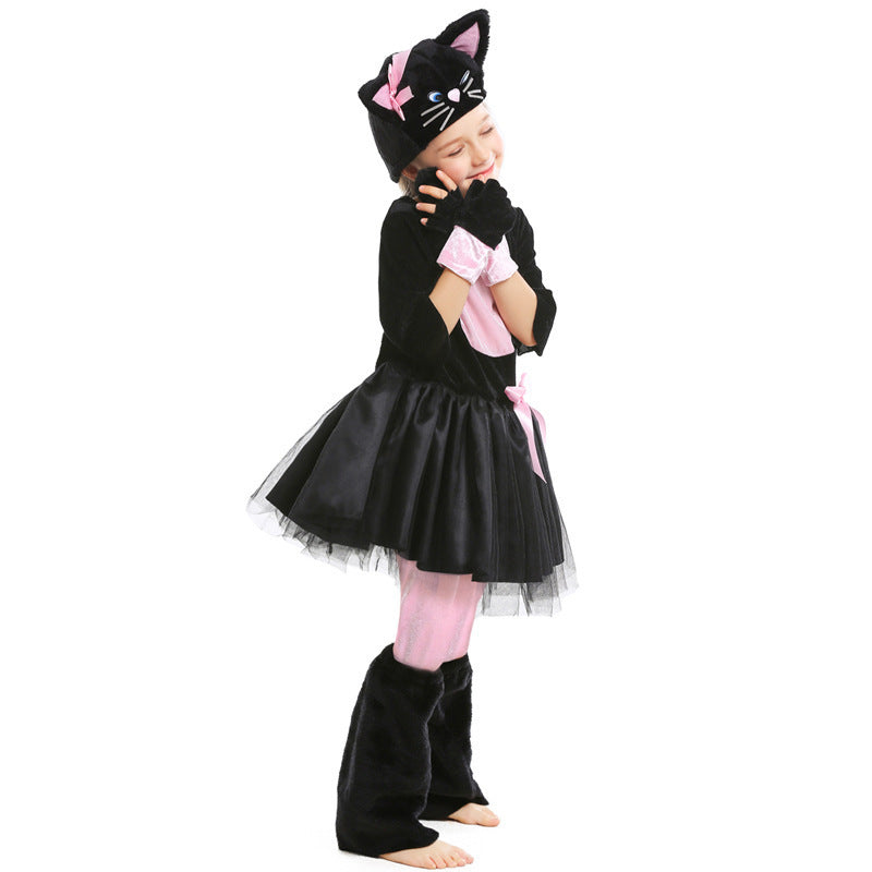 Black Pink Cat Animal Costume for Girls, product photo 2 on a white background