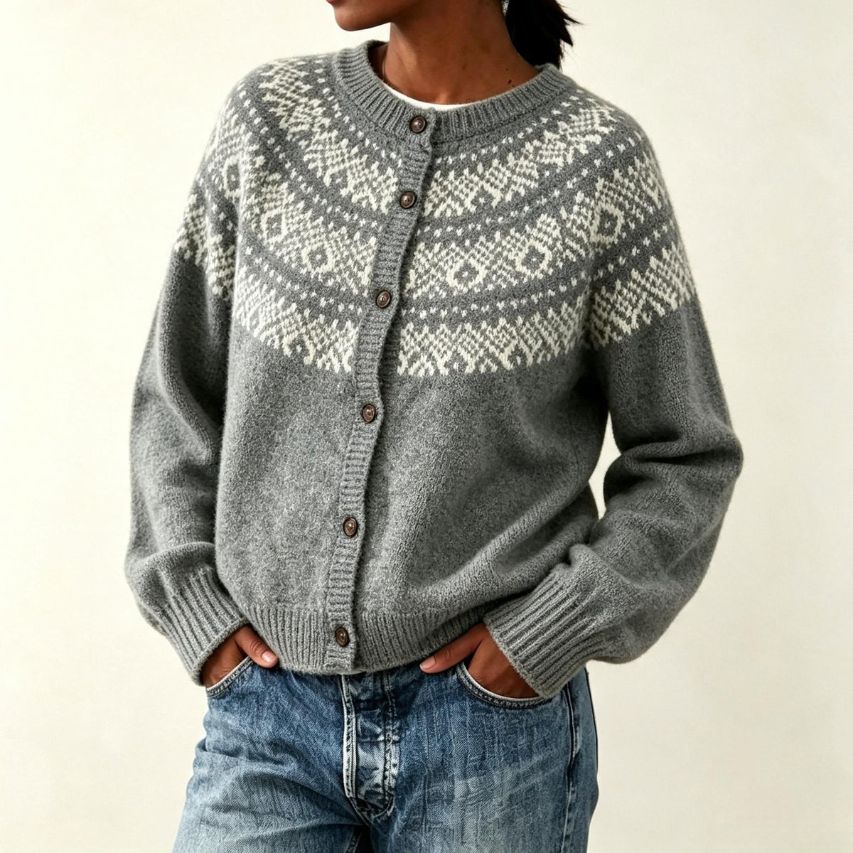 Round neck button Christmas sweater