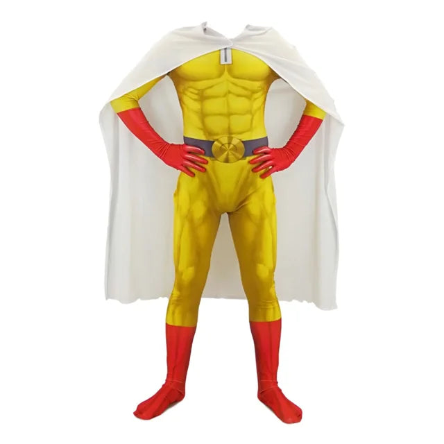 One Punch Man Cosplay Costumes For Men Saitama Anime Cosplay Bodysuit Superhero Halloween Jumpsuits Outfits with Cloak/Cape