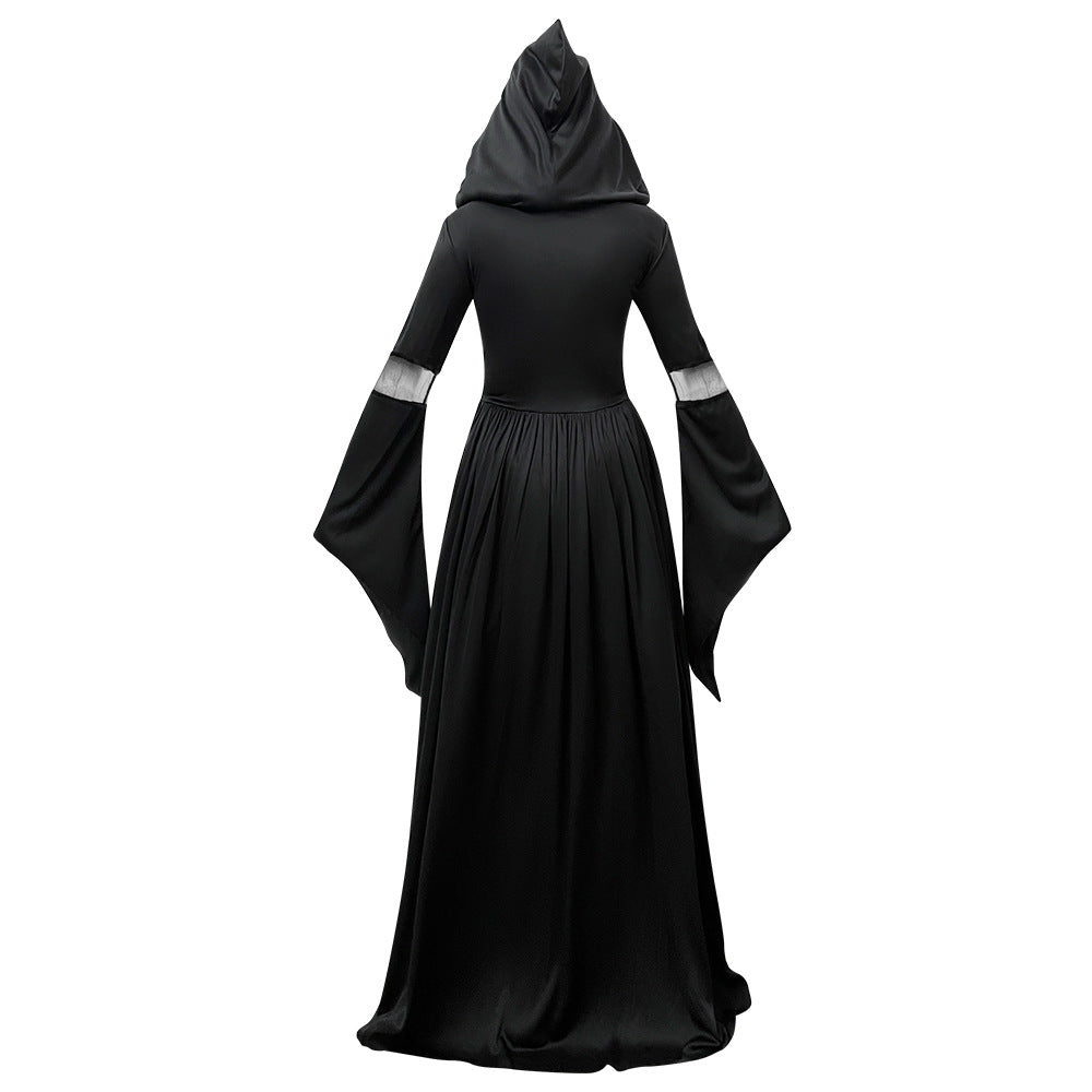 Hooded Skull Witch Wizard Dress for Women, product photo 3 on a white background
