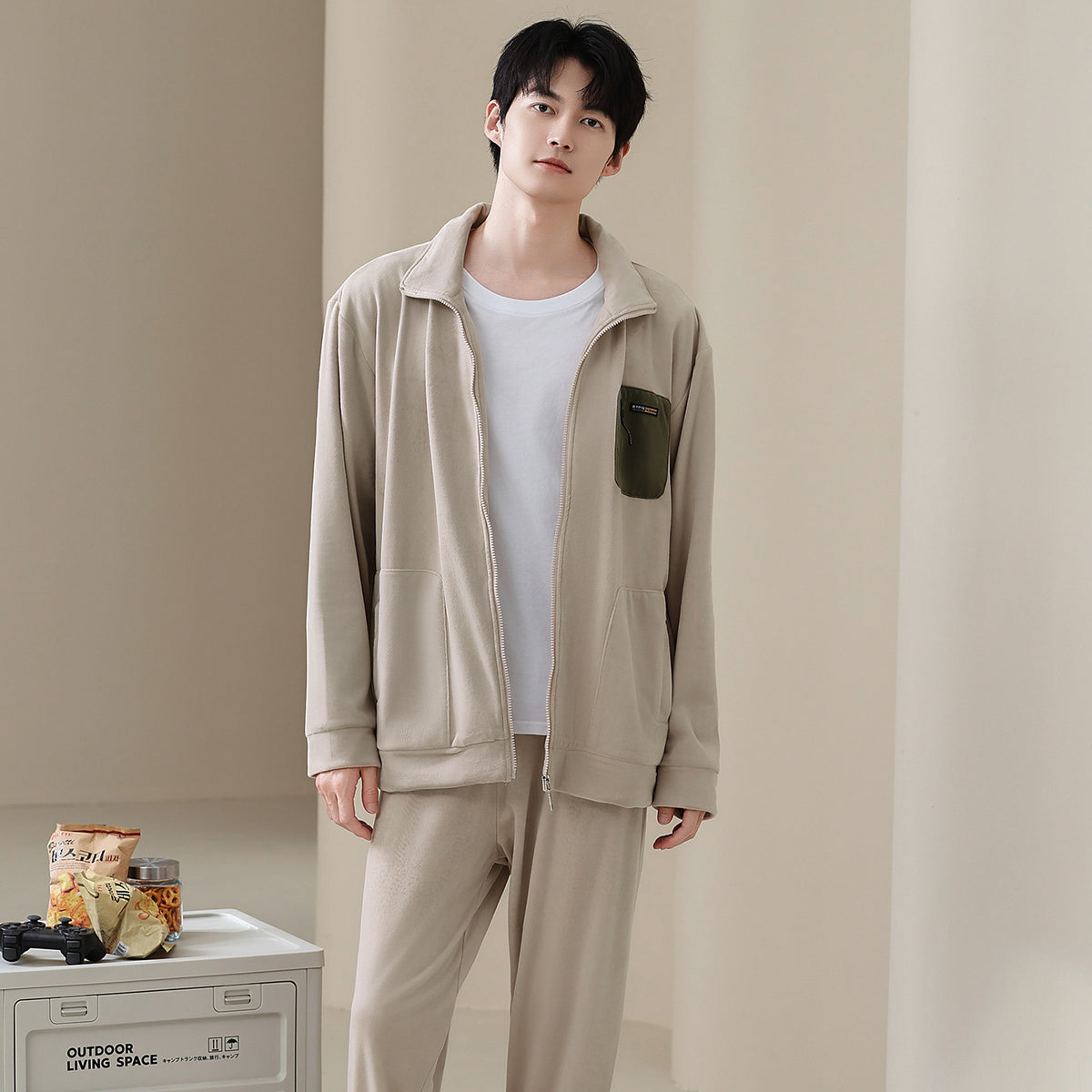 Men's thick and warm standing collar zipper home clothes in pajamas