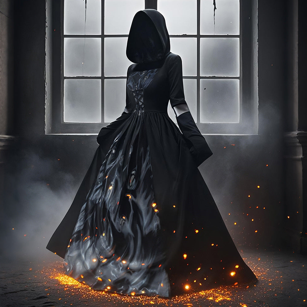 Hooded Skull Witch Wizard Dress for Women, costume photo