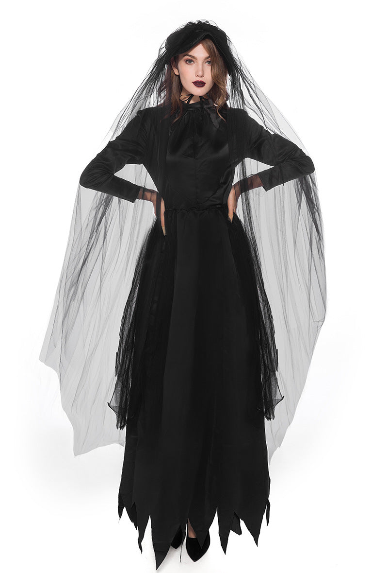 Black Devil Witch Vampire Costume for Women, front view on a white background