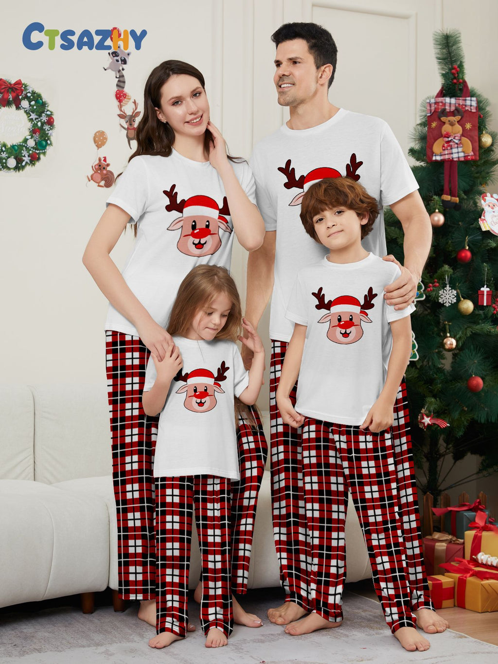Christmas Deer Plaid Short Sleeve Family Matching Pajamas Sleepwear Set