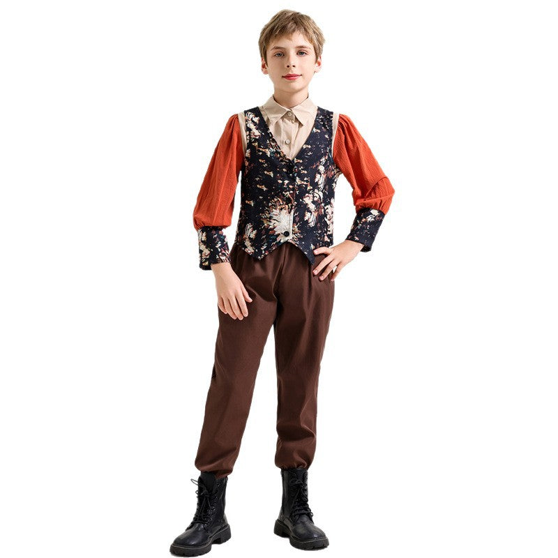 Medieval Victorian Vintage Costume for Girls and Boys, front view on a white background
