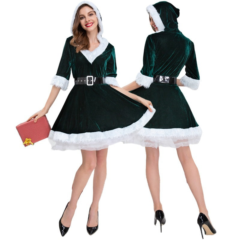 Christmas V-Neck Hooded Dress for Women - Santa Claus and Christmas Tree Costume Role Play Outfit