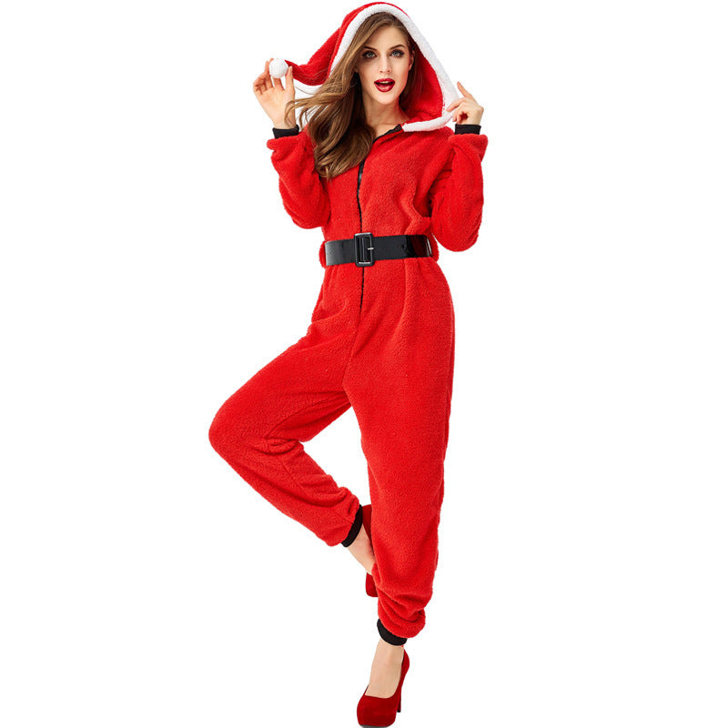 Adult women's red Christmas hooded jumpsuit Santa Claus