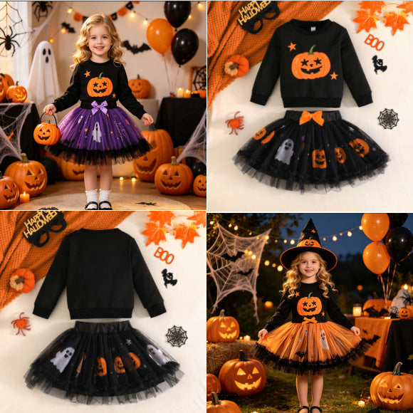 Pumpkin Hoodie Ghost Mesh Skirt Costume for Girls, costume photo 2