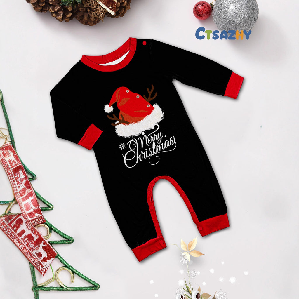 Family Christmas Matching Outfits  Black Pajamas with Reindeer Antler Letter Print and Santa Hat