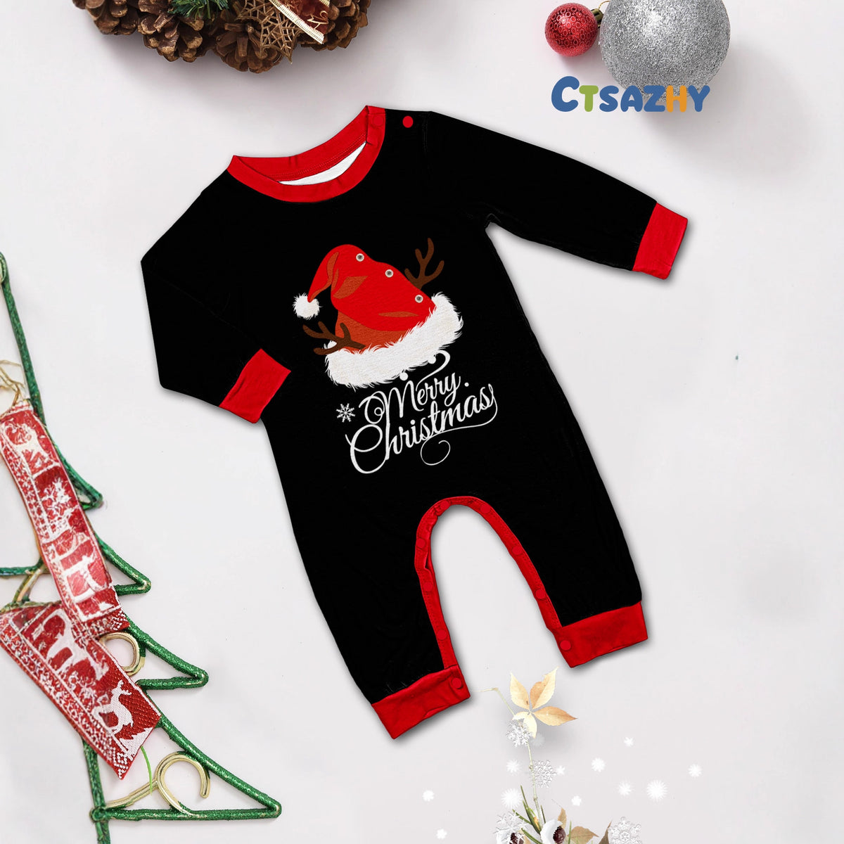 Family Christmas Matching Outfits  Black Pajamas with Reindeer Antler Letter Print and Santa Hat